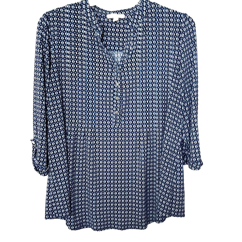 EST. 1962 3/4 ROLL TAB SLEEVE V-NECK BLOUSE, WOMEN-1X-BRIGHT & NAVY BLUE & WHITE